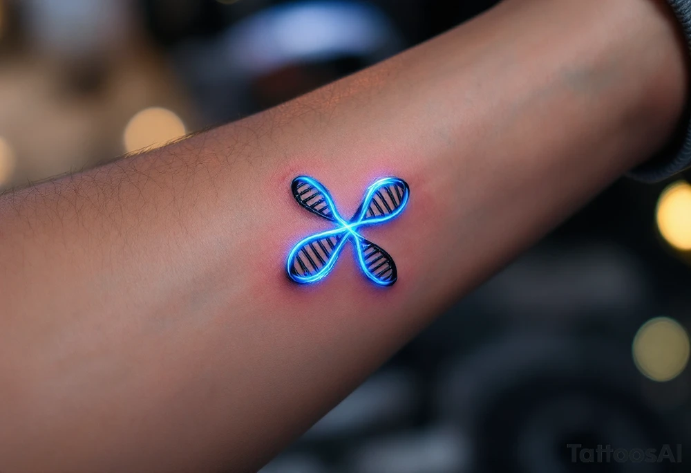 A DNA helix in the form of an infinity, glowing in electric blue and silver, symbolizing life and legacy. tattoo idea