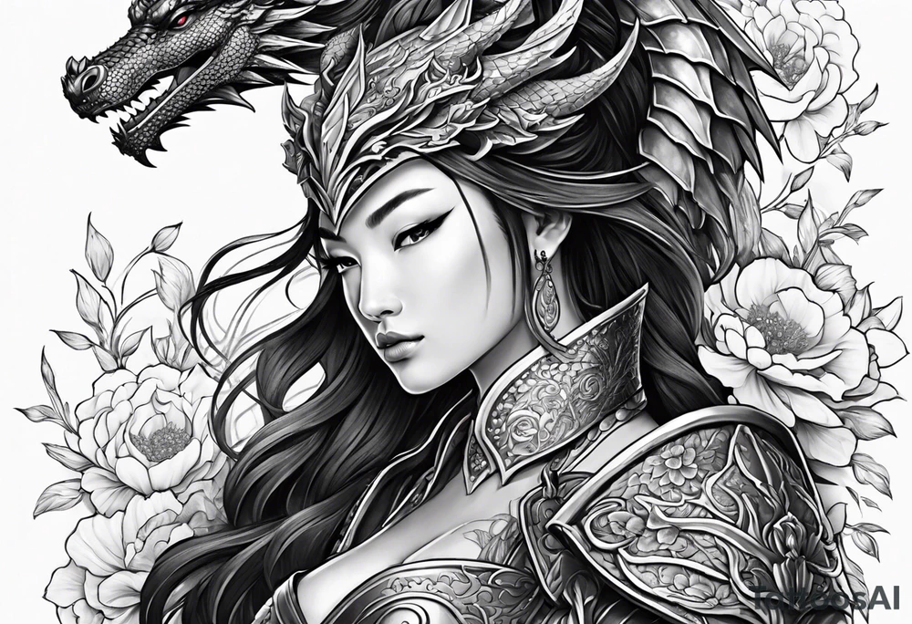 beautiful warrior woman wearing dragon armor and a floral background and a dragon a full picture tattoo idea