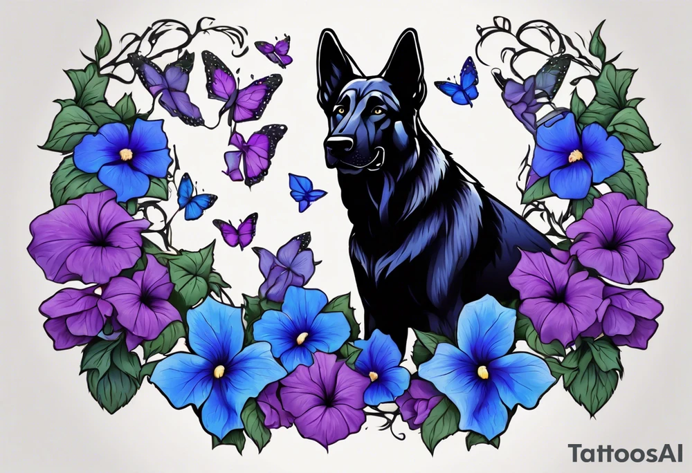 Black German shepherd face surrounded by blue and purple morning glories tattoo idea