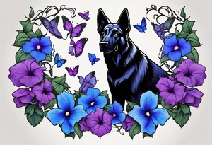 Black German shepherd face surrounded by blue and purple morning glories tattoo idea