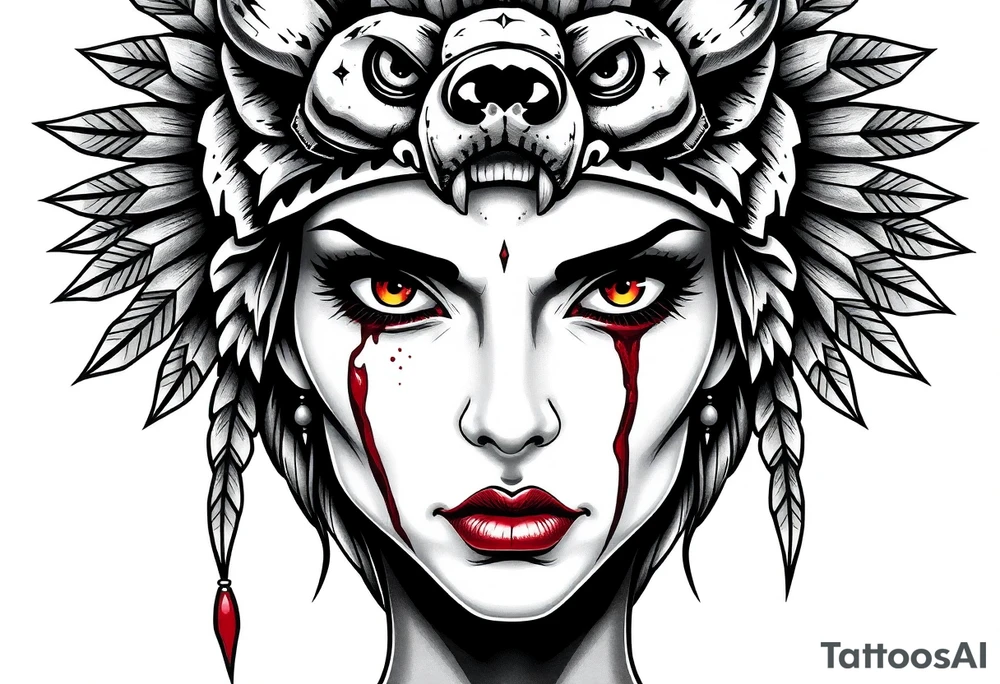 Beautiful Womans with colored eyes, shedding a tear, with battle scars and blood on face, wearing a mean looking bear headdress on head tattoo idea