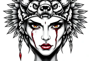 Beautiful Womans with colored eyes, shedding a tear, with battle scars and blood on face, wearing a mean looking bear headdress on head tattoo idea