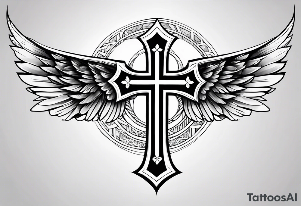 angel wings tattoo with a cross and the letters DJ in it tattoo idea