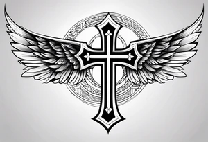 angel wings tattoo with a cross and the letters DJ in it tattoo idea