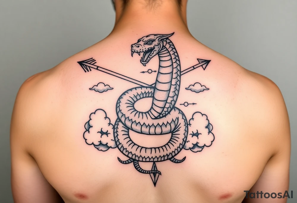 snake with bow and arrow with dragon around chest and have clouds as background
, tattoo idea