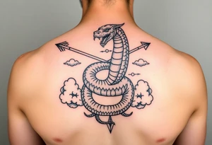 snake with bow and arrow with dragon around chest and have clouds as background
, tattoo idea
