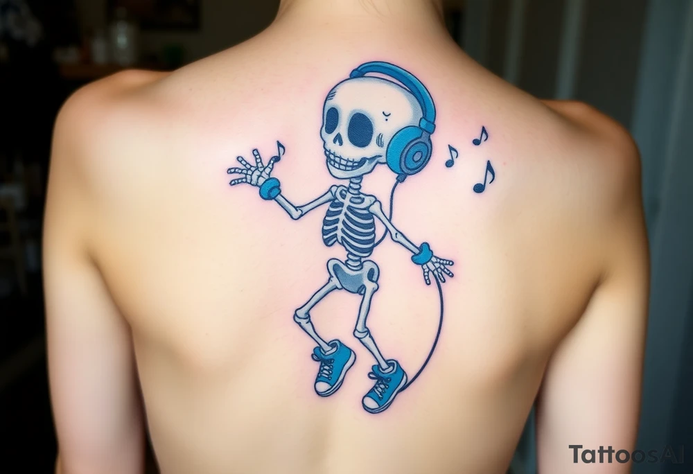 Cute smiling skeleton jumping on a jump rope with blue headphone and blue tennis shoes and blue armbands with nice  music notes on the headphones tattoo idea