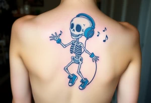 Cute smiling skeleton jumping on a jump rope with blue headphone and blue tennis shoes and blue armbands with nice  music notes on the headphones tattoo idea