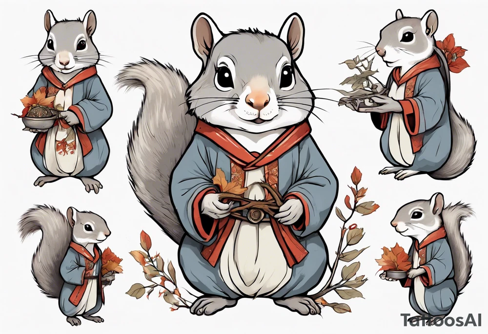 a grey squirrel dressed in a medieval tunic holding a silver tree branch tattoo idea