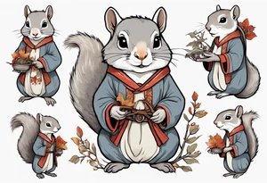 a grey squirrel dressed in a medieval tunic holding a silver tree branch tattoo idea