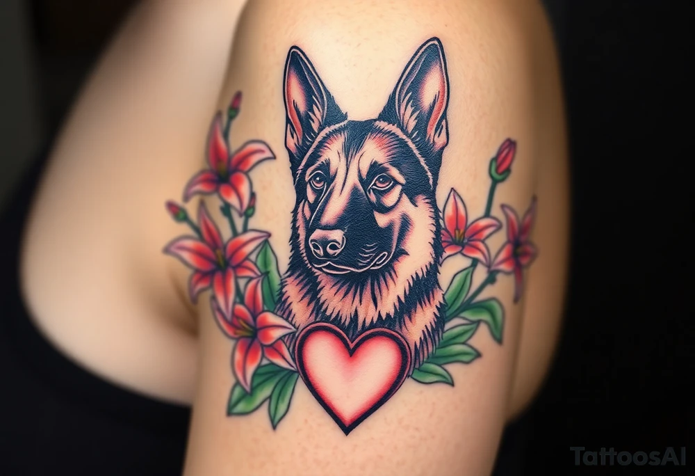 strong short haired german shepherd with alert ears surrounded by pink lilies with large leaves with a sacred heart below tattoo idea