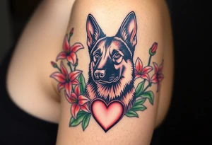 strong short haired german shepherd with alert ears surrounded by pink lilies with large leaves with a sacred heart below tattoo idea