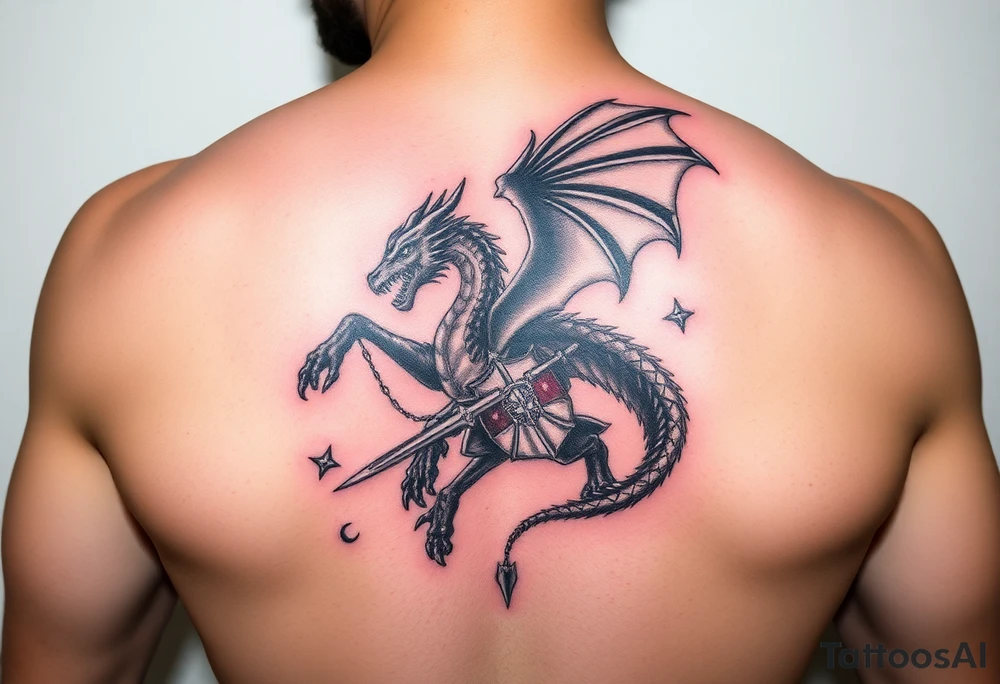 3d Powerful winged dragon fighting a knight with colors tattoo idea