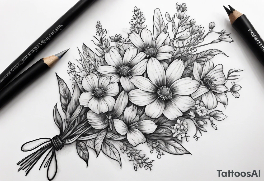 small long stem wildflower bouquet across fott tattoo idea
