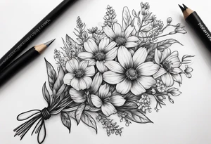 small long stem wildflower bouquet across fott tattoo idea