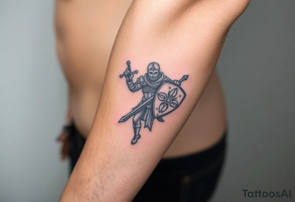 mediaval warrior with sword and shield,
 age of empires style tattoo idea