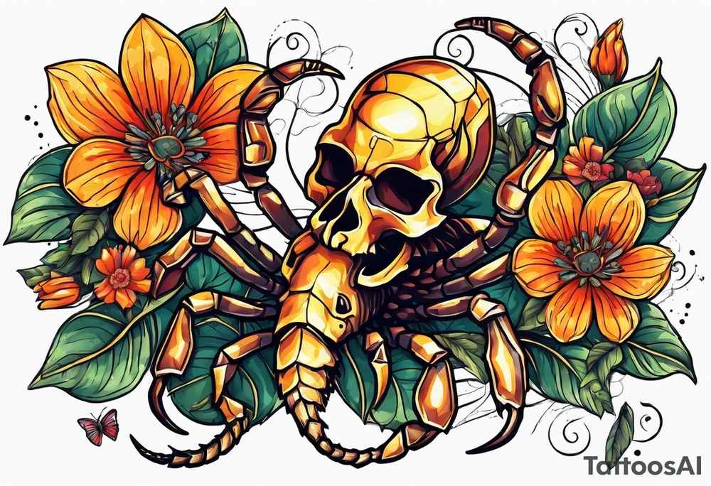 Large scorpion with skulls, flowers, and butterflies tattoo idea