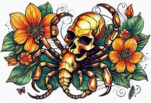 Large scorpion with skulls, flowers, and butterflies tattoo idea