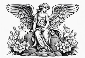 Simple Angel statue stood on a rock with daffodils and roses wrapped around its legs tattoo idea