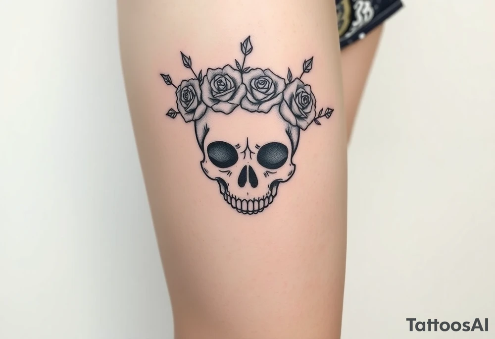 ornate skull adorned with crown of wild roses and thorns tattoo idea