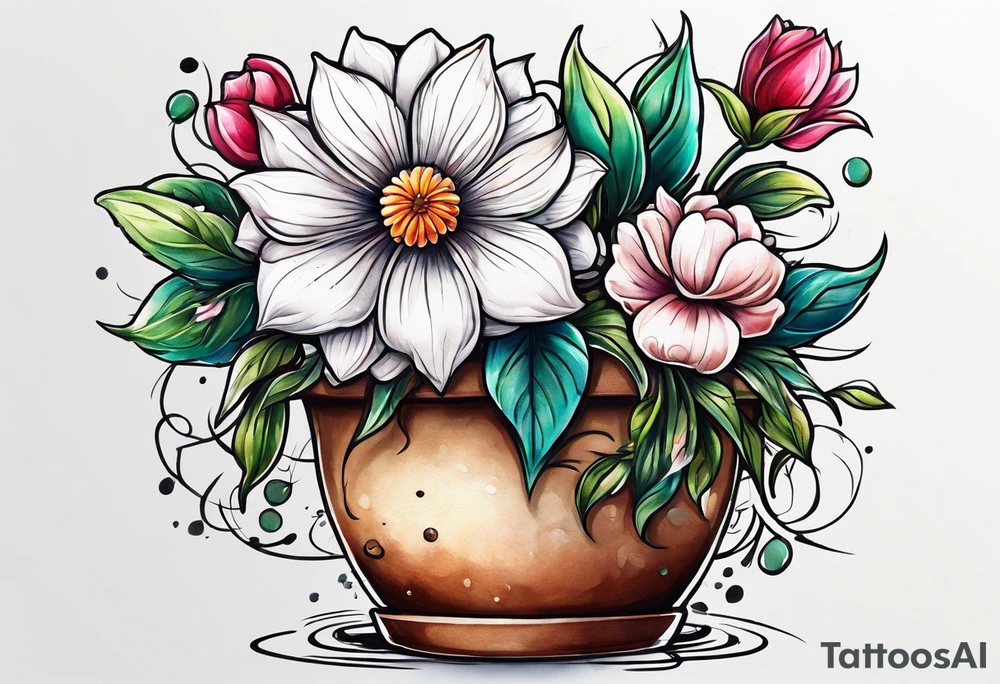 a flowerpot with a small flower coming out of it, just about to bloom. tattoo idea