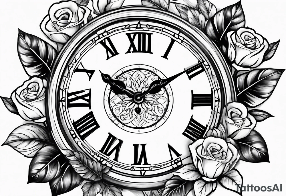 flowers hearts time clock tattoo idea