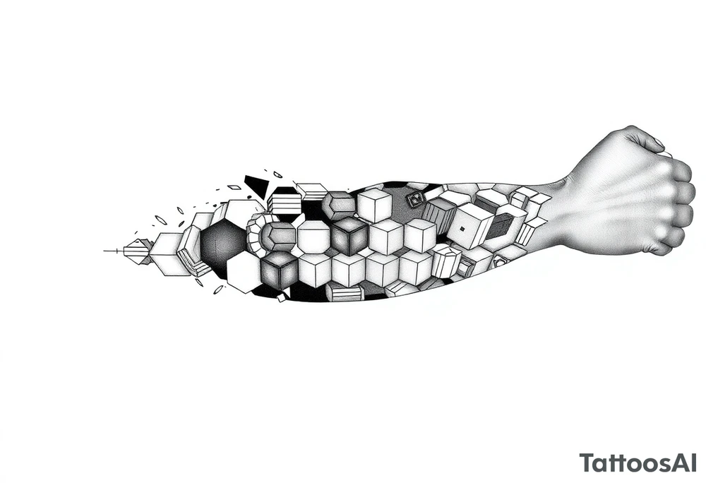design a full “sleeve” tattoo that consists of a base layer of abstract hexagon pattern overlaid with a little blackwork abstract while incorporating the top tattoo and integrating slight biomech designs tattoo idea