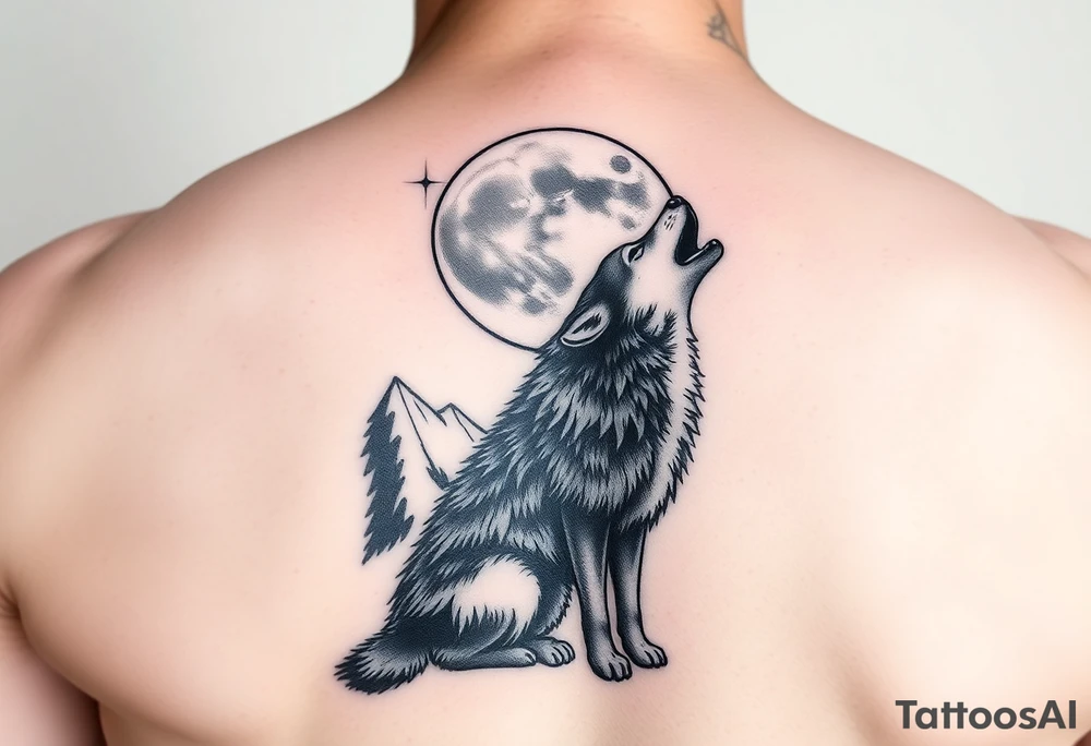 lone wolf howling at full moon with northern lights backdrop tattoo idea