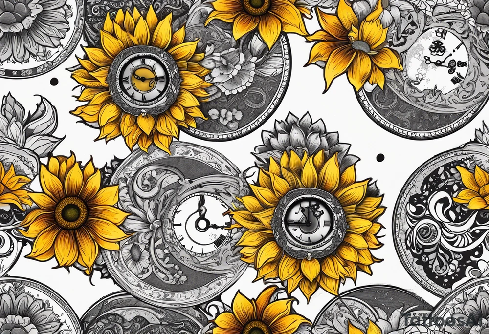 Sunflower, paisley, moon, 3 old fashioned pocket watches, witchy tattoo idea