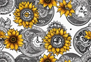 Sunflower, paisley, moon, 3 old fashioned pocket watches, witchy tattoo idea