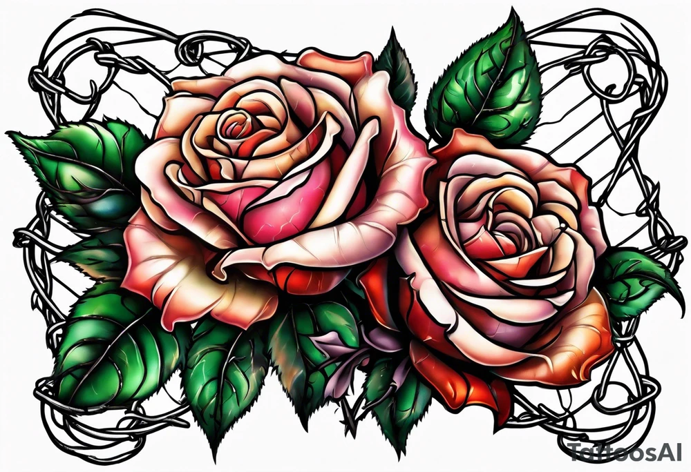 Three roses with barbed wire wrapped around them and a broken heart tattoo idea