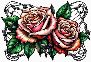 Three roses with barbed wire wrapped around them and a broken heart tattoo idea