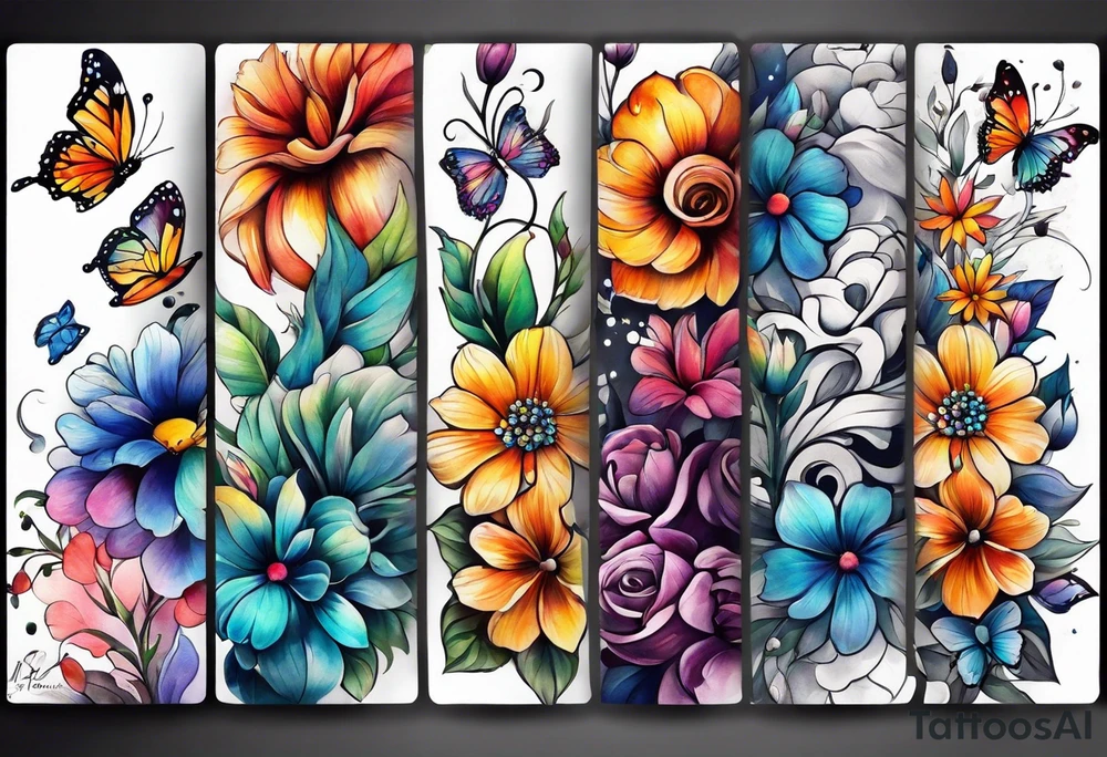 Arm sleeve with rainbow flowers and butterflies tattoo idea