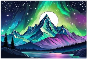 Aurora borealis with mountain and stars tattoo idea