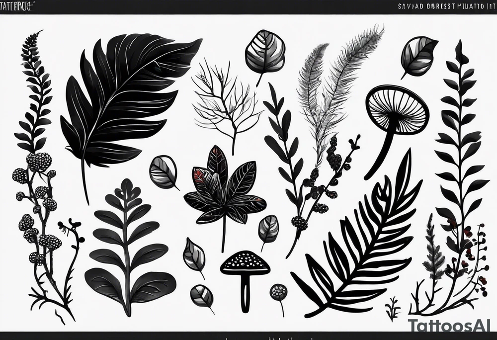 forest floor inspired minimalist tattoo, which includes grass, curly ferns, moss and dead leaves as the bulk of the tattoo. details to include: forest berries, a tiny bumblebee flying nearby, three small brown mushrooms
Generate a vertically long one tattoo idea