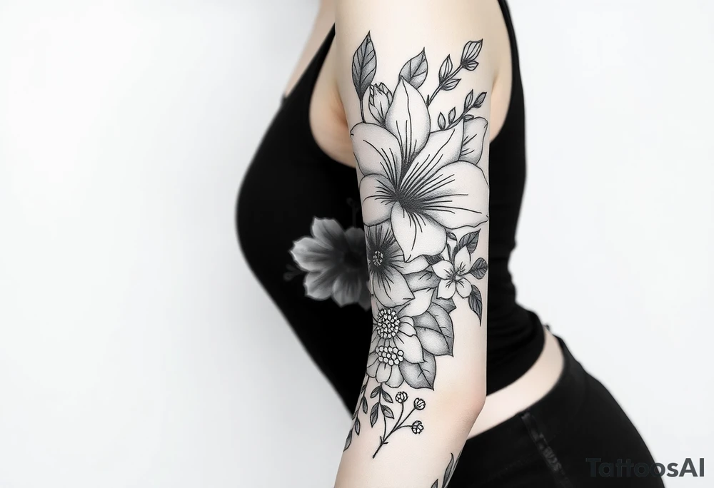 floral composition for sleeve of lycoris flowers with japanese vibe, mutiple ornemental patern and leaf, dot geometric ornement, tattoo idea