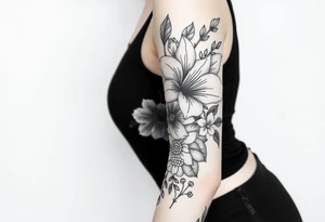 floral composition for sleeve of lycoris flowers with japanese vibe, mutiple ornemental patern and leaf, dot geometric ornement, tattoo idea