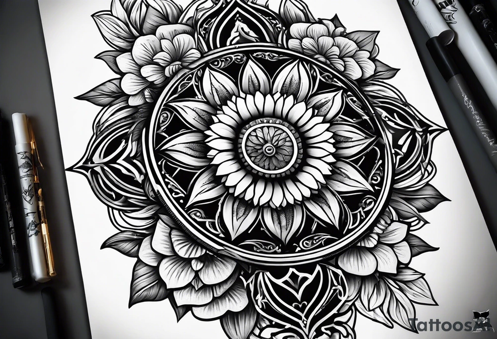 A central cross with the names Kyle Peter Lori on it with lighting a motorcycle and a sunflower around it tattoo idea