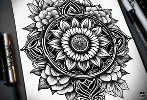 A central cross with the names Kyle Peter Lori on it with lighting a motorcycle and a sunflower around it tattoo idea