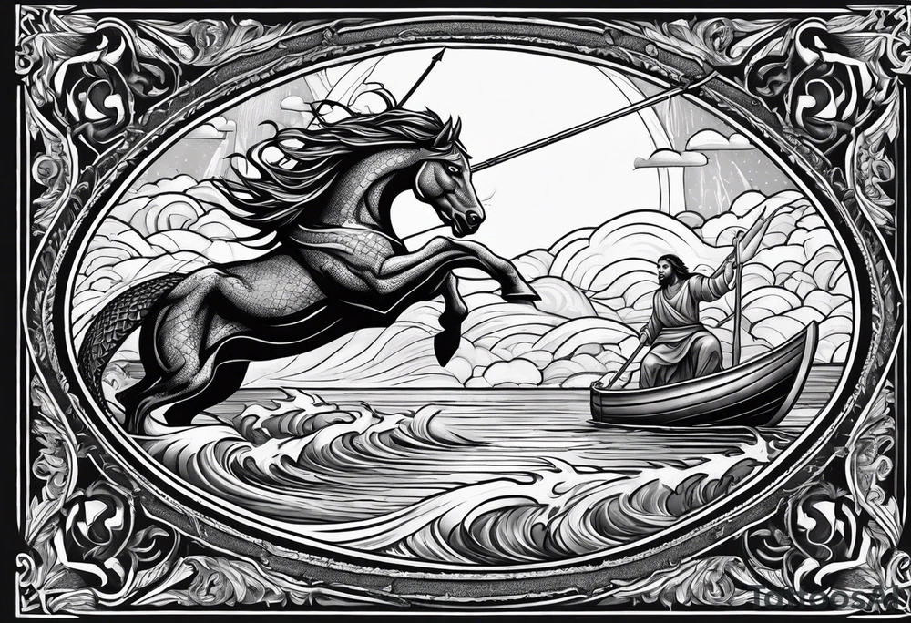 Jesus running across a lake and stabbing a dragon with a spear tattoo idea