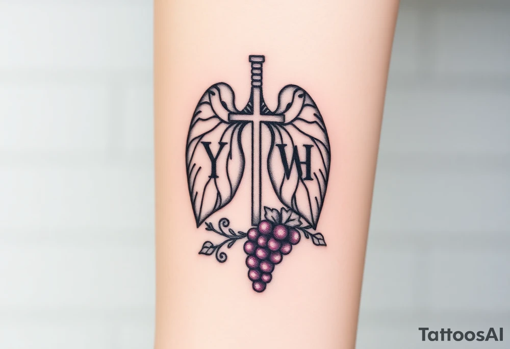 Initials YH WH in lungs with cross and grapes on vine tattoo idea