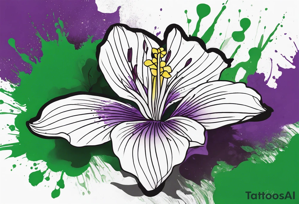 An outline of a rio dipladenia flower with green/purple pedals and a green/purple watercolor splash in the background tattoo idea
