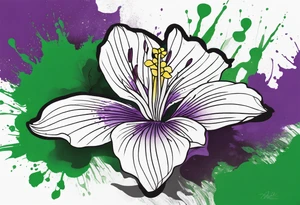 An outline of a rio dipladenia flower with green/purple pedals and a green/purple watercolor splash in the background tattoo idea