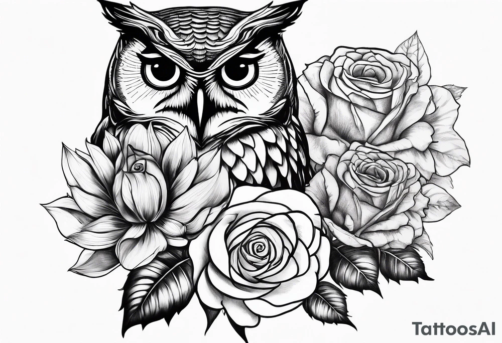 Sunflower and rose flower, owl tattoo idea