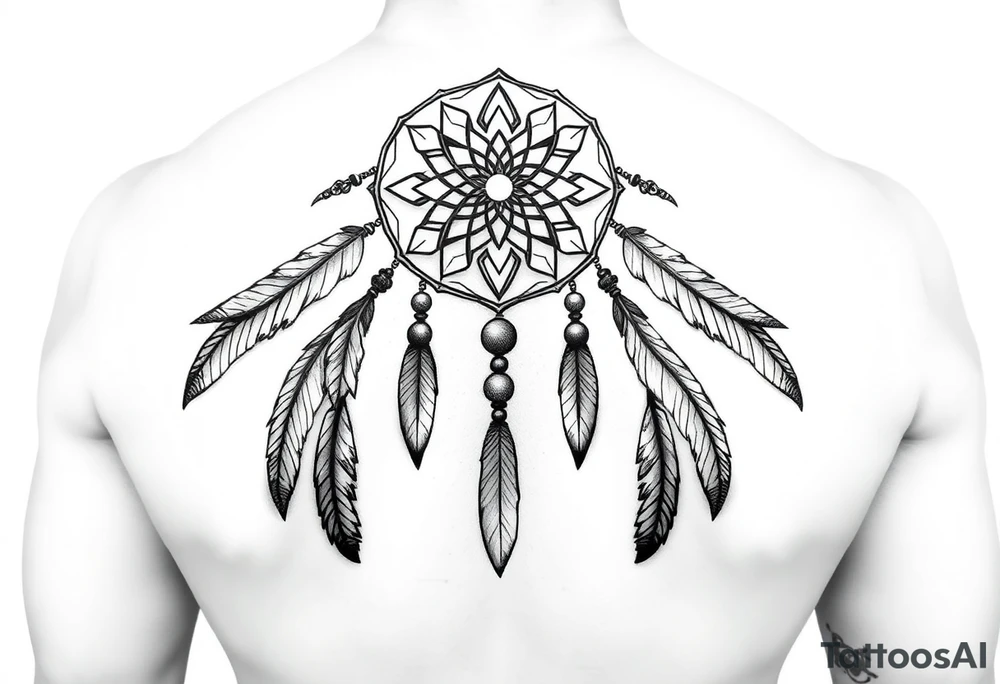 native dreamcatcher with flowing feathers and sacred beads tattoo idea