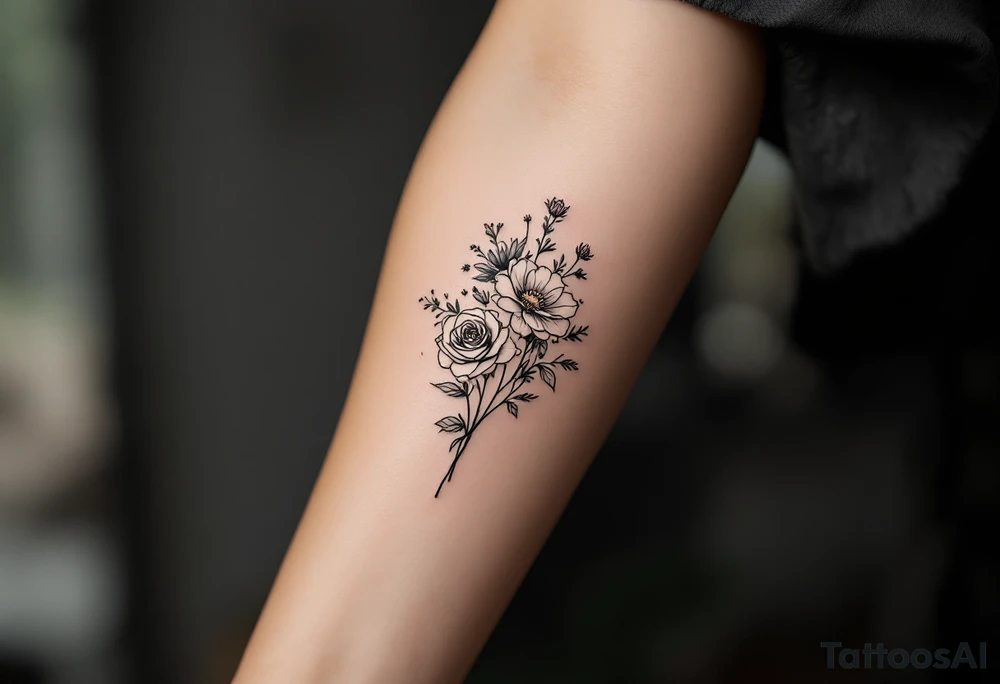 vintage bouquet of wild roses and meadow flowers with morning dew tattoo idea