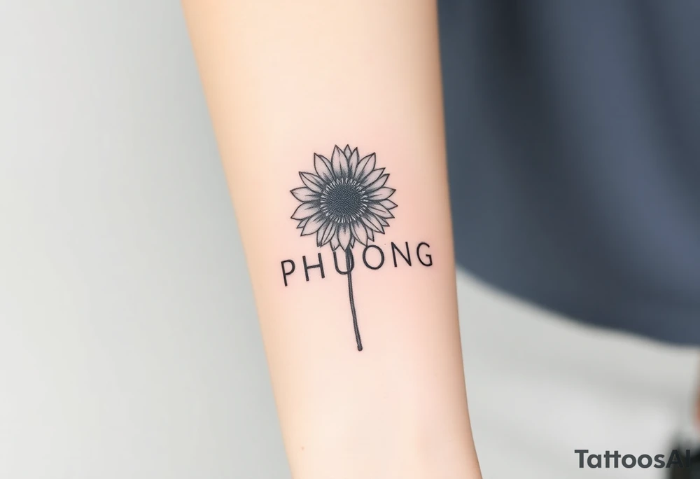 Word "PHUONG" written vertical with the sunflower. tattoo idea