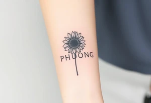 Word "PHUONG" written vertical with the sunflower. tattoo idea