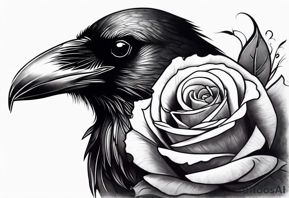 Raven looking back over shoulder with a rose underneath it tattoo idea