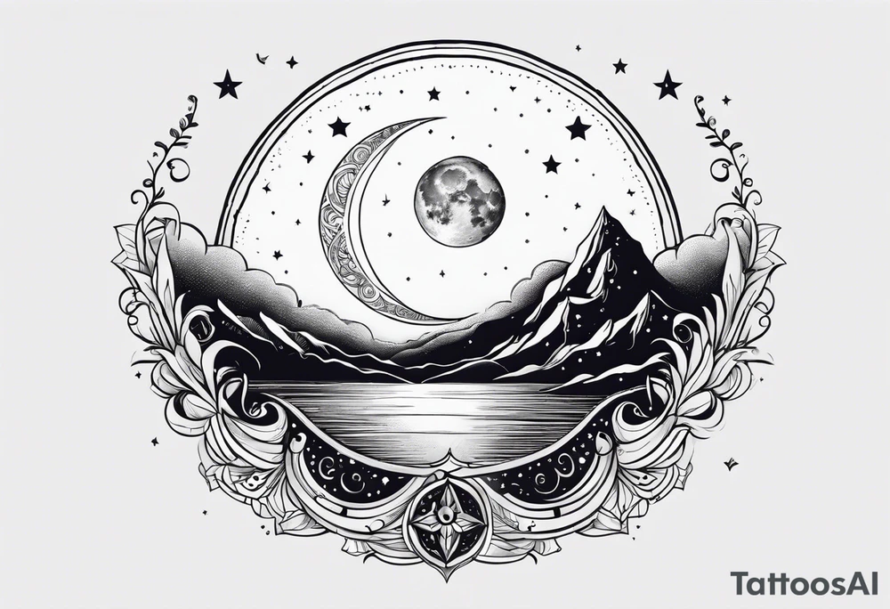 Central Element:

Moon: A crescent moon will be the centerpiece of the design, surrounded by a quote.
Quote: To the stars that listen...and the dreams that are answered. Will be placed around the moon. tattoo idea